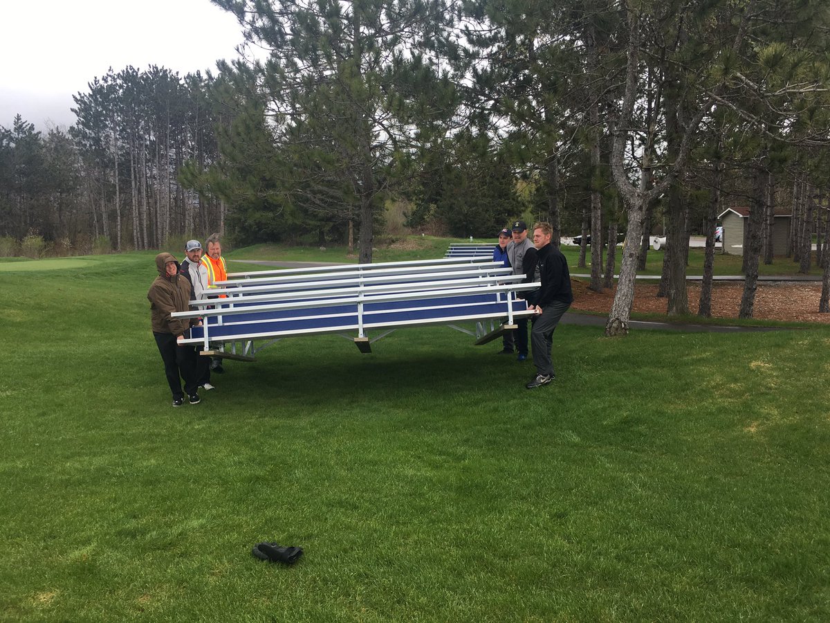 Kevinhaime's tweet photo. I'm not sure I signed up for this. 800lb bleachers for our golf clinic tomorrow. Lots of awesome people chipping in for Jr. Golf. #thxteam https://t.co/1zJxANiMrN
