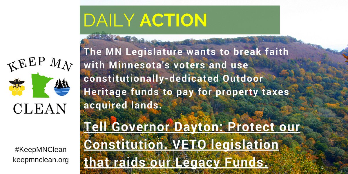 KeepMNClean's tweet image. Action: Ask @GovMarkDayton to VETO legislation using dedicated Legacy $ to pay for property taxes #KeepMNCean #mnleg keepmnclean.org