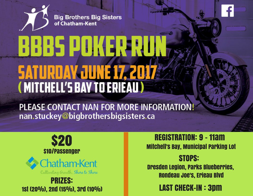 Bikers don't forget our Poker Run on June 17th, from Mitchell's Bay to Erieau, making stops and getting cards along the way! Also, PRIZES!