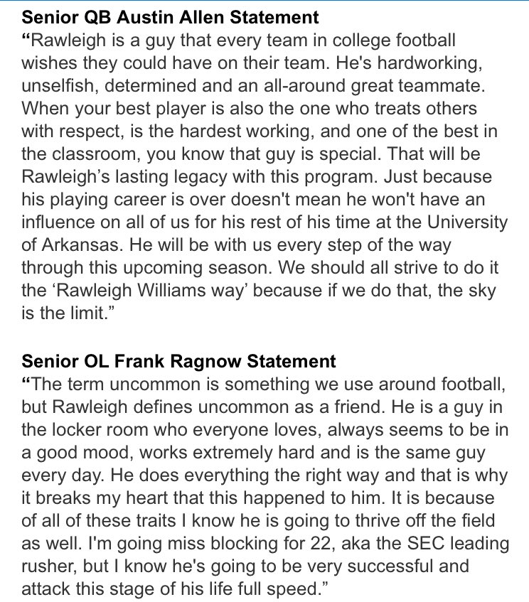Ben_CreightonTV's tweet photo. Statements from Bret Bielema, Austin Allen &amp; Frank Ragnow on Rawleigh Williams III hanging up the cleats #WPS https://t.co/uQwVJO45VZ