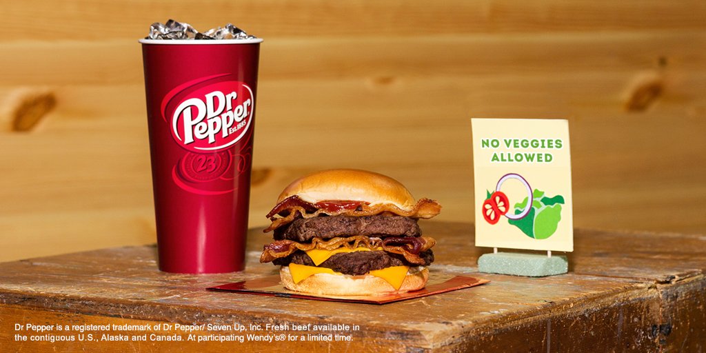 Wendys's tweet image. Six strips of Applewood Smoked bacon and 2 fresh, never frozen beef patties is more than a party. It’s a Baconator with refreshing @DrPepper
