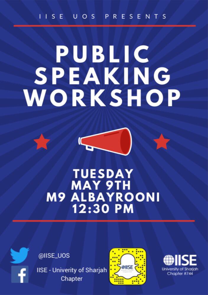 IISE_UOS's tweet image. Trouble speaking publicly?
Nervous about your upcoming senior design presentations?
Join us at the Public Speaking Workshop tomorrow! 👍🏼🗣