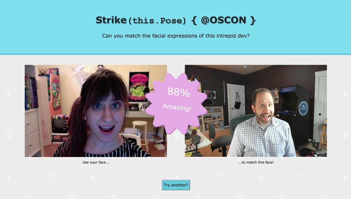 partytimeHXLNT's tweet image. Who wore it better? 

Demoing my li&apos;l computer vision ✨pose-off✨ app at #OSCON2017 expo later this week. Come say hi!