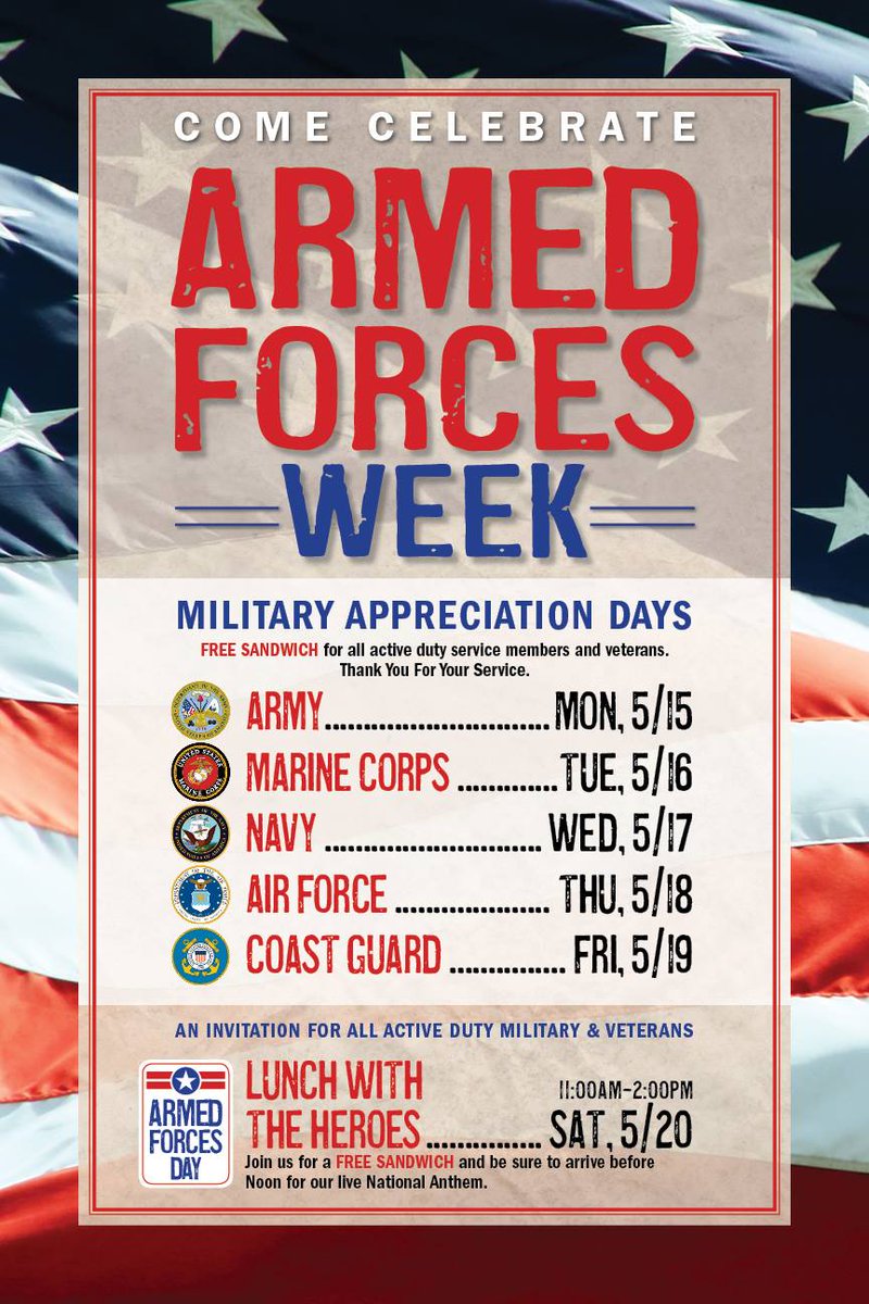 MissionBBQ's tweet photo. An entire week dedicated to Our Armed Forces! We invite all Active Duty and Veteran's to join us next week, to celebrate you! https://t.co/sjIQo23Viq