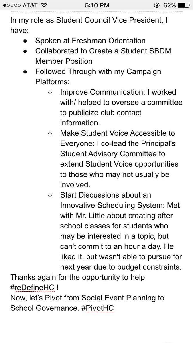 RSmithHC's tweet photo. As I reflect on this year and look forward to next year, I am running for Student Council President. Here's a progress update! #PivotHC https://t.co/3xDPm0PQZC
