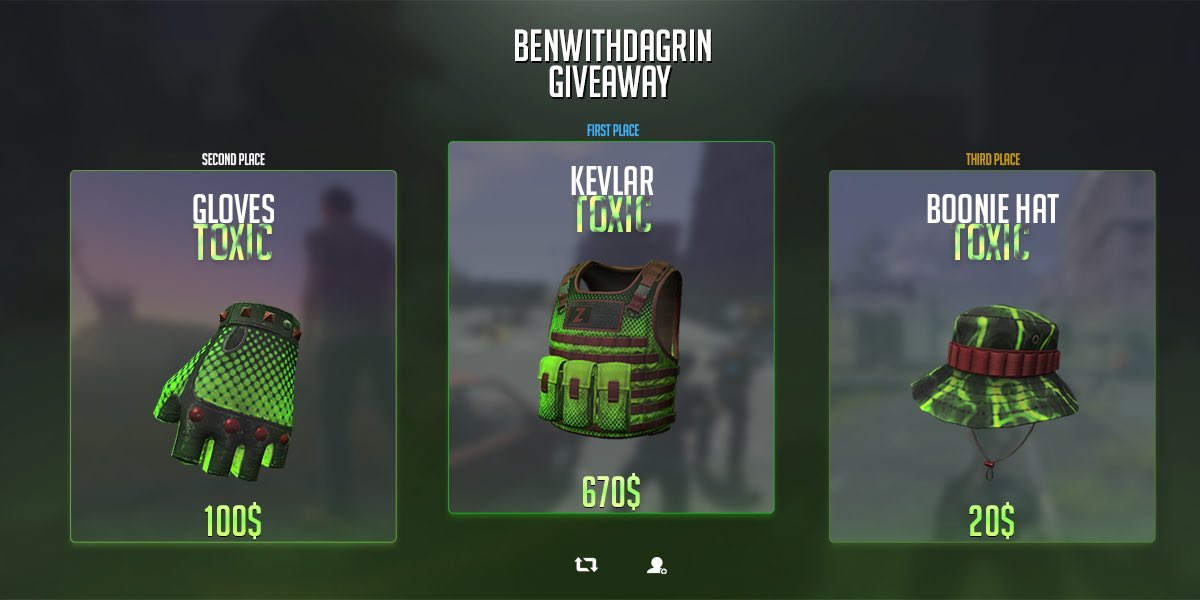 1️⃣St: TOXIC KEV
2️⃣ND: TOXIC GLOVES 
3️⃣RD: TOXIC HAT 
MUST RETWEET, FOLLOW AND LIKE! 👌🤣
Good luck &amp; much love everyone! 
Art : @exxoticxTV