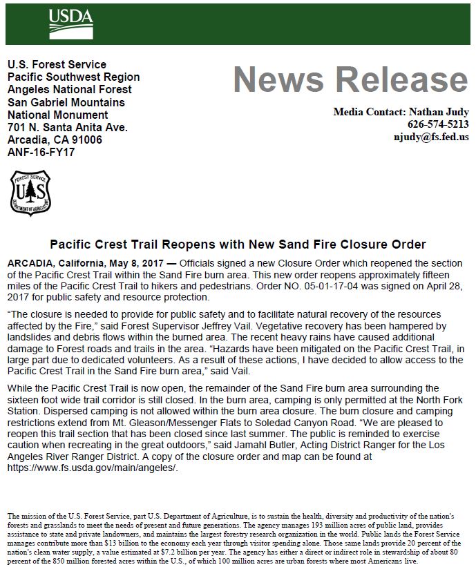 Angeles_NF's tweet photo. New Sand Fire Closure Order reopens approximately 15 miles of the Pacific Crest Trail to hikers while the surrounding area remains closed https://t.co/VM0jzNlVkW
