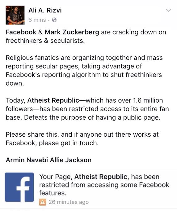 aliamjadrizvi's tweet photo. .@Facebook is cracking down on secularists &amp; freethinkers.

Please read, share, &amp; get in touch if you work at Facebook:

@AtheistRepublic https://t.co/MMxeqttkFm