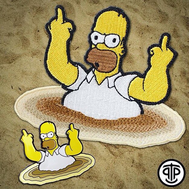 Homer Trapuccino combo- patch and pin. Scene from The Simpsons movie, remember? Available now! #TheSimpsons #finger #patch #pin