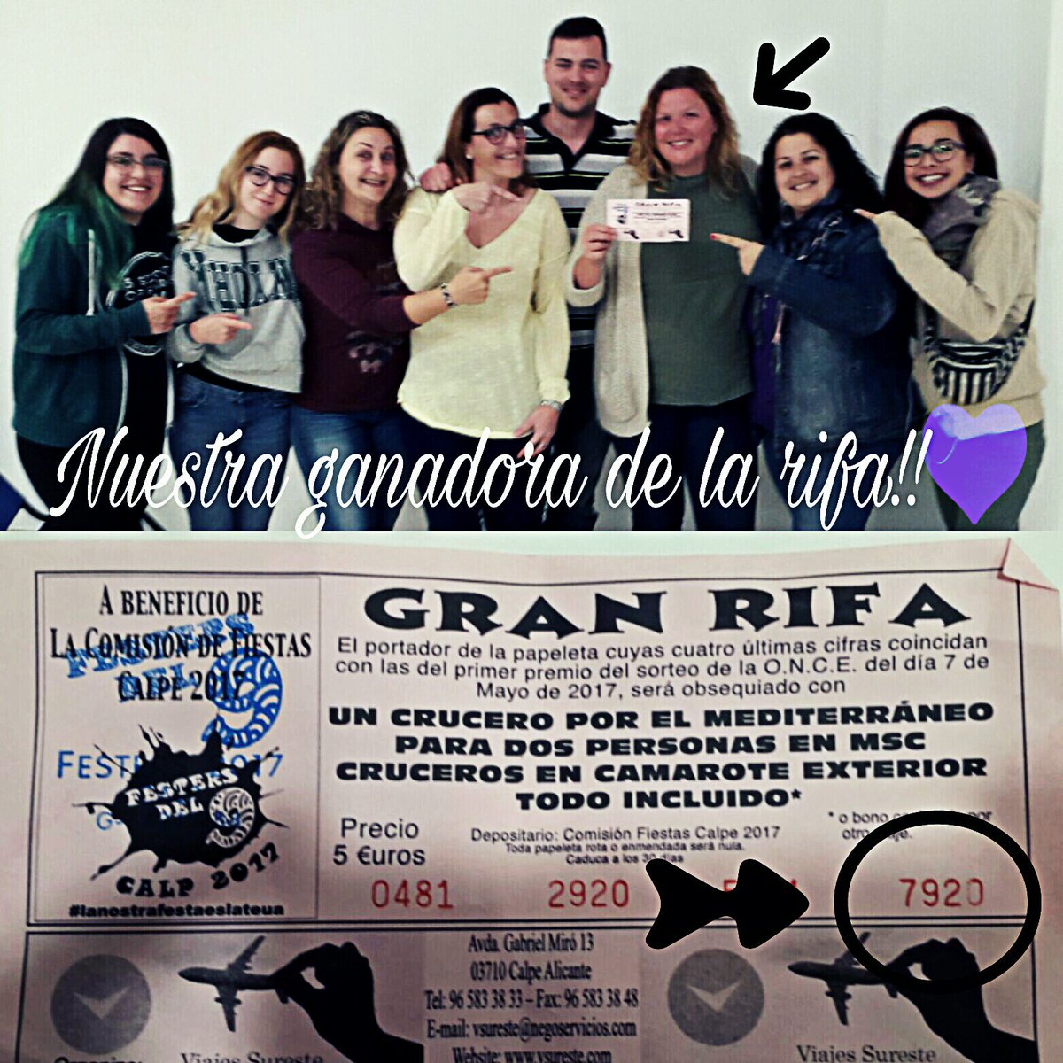 Festers2017's tweet image. Ací tenim la guanyadora de la rifa dels festers, amb el nombre premiat 7920. Felicitats en nom d tota la Comissió de Festers de Calp 2017!💙💛