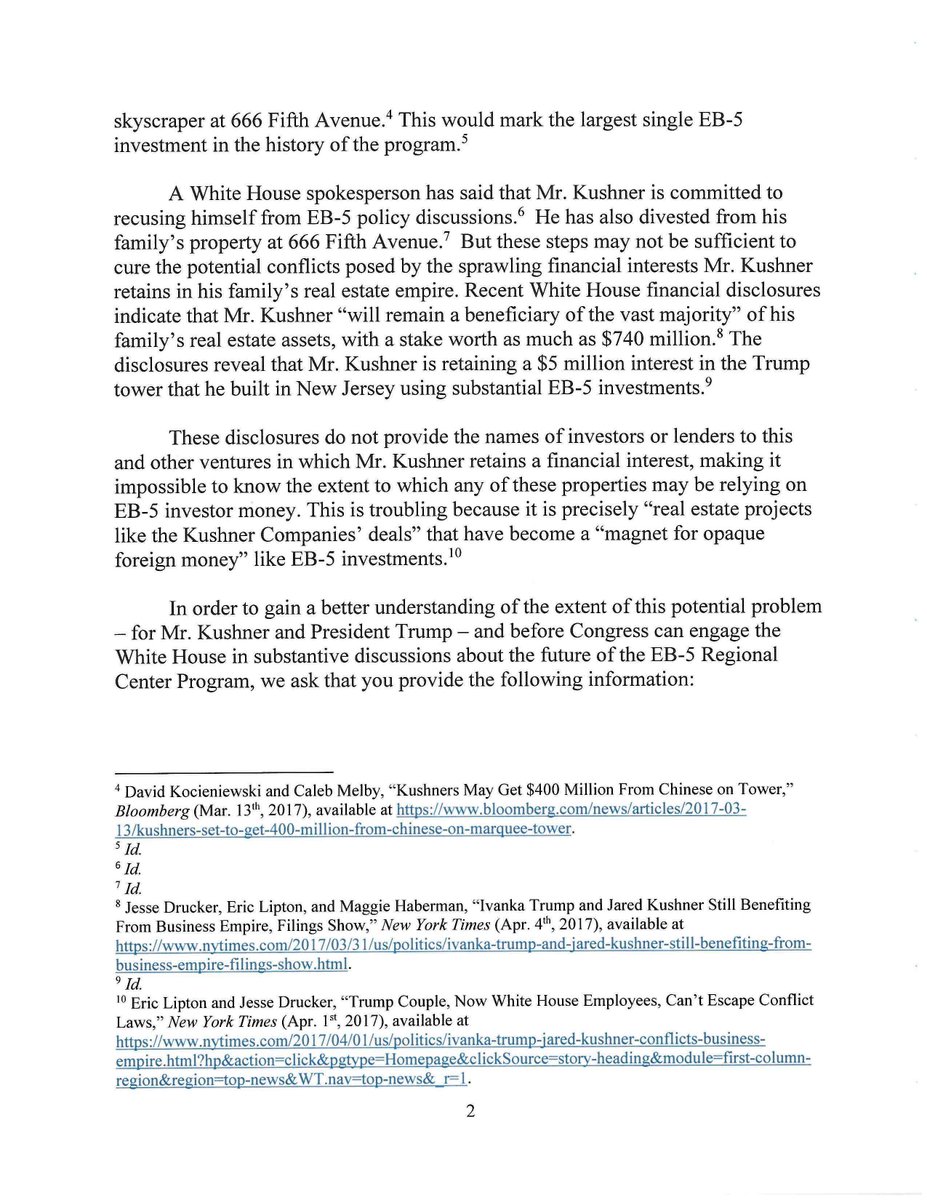 Three senior Dem Senators write White House to raise questions about EB-5  visa program and Kushner family, as Kushner Co seeks $$ in China