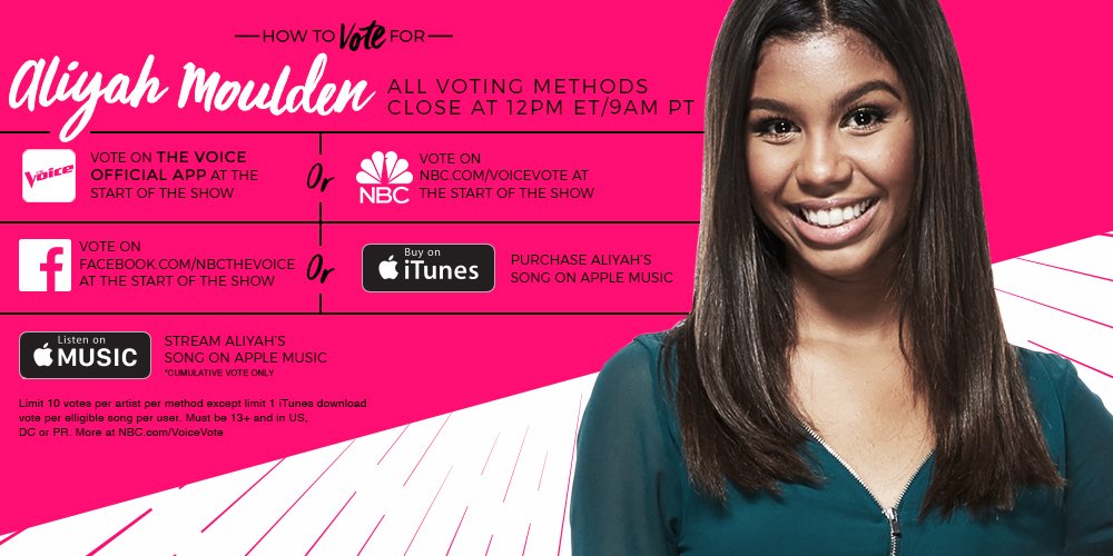 If you’re jealous of <a href="/AliyahMoulden/">Aliyah Moulden</a>’s incredible talent, RETWEET and don’t forget to vote for her tonight. #VoiceTop10