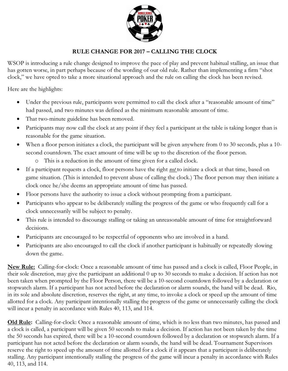 ChipEscal8tor's tweet photo. @WSOP Rule Change for 2017 - Calling the Clock https://t.co/mSRCKMYKpv