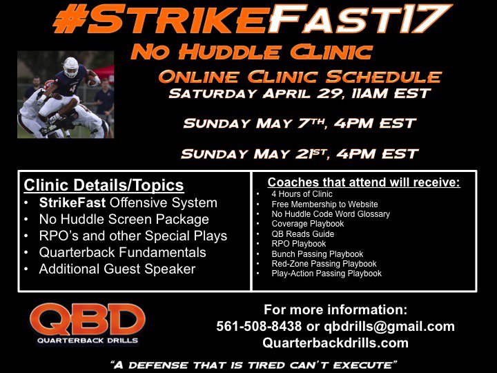 QBDevelopment's tweet photo. Need more offense?
Free Playbook!
Preview #StrikeFast17
Wednesday (EST)
9pm- https://t.co/CpGTVoDENk
11pm- https://t.co/VMYYrmtk81 https://t.co/CtjBKdXzQl