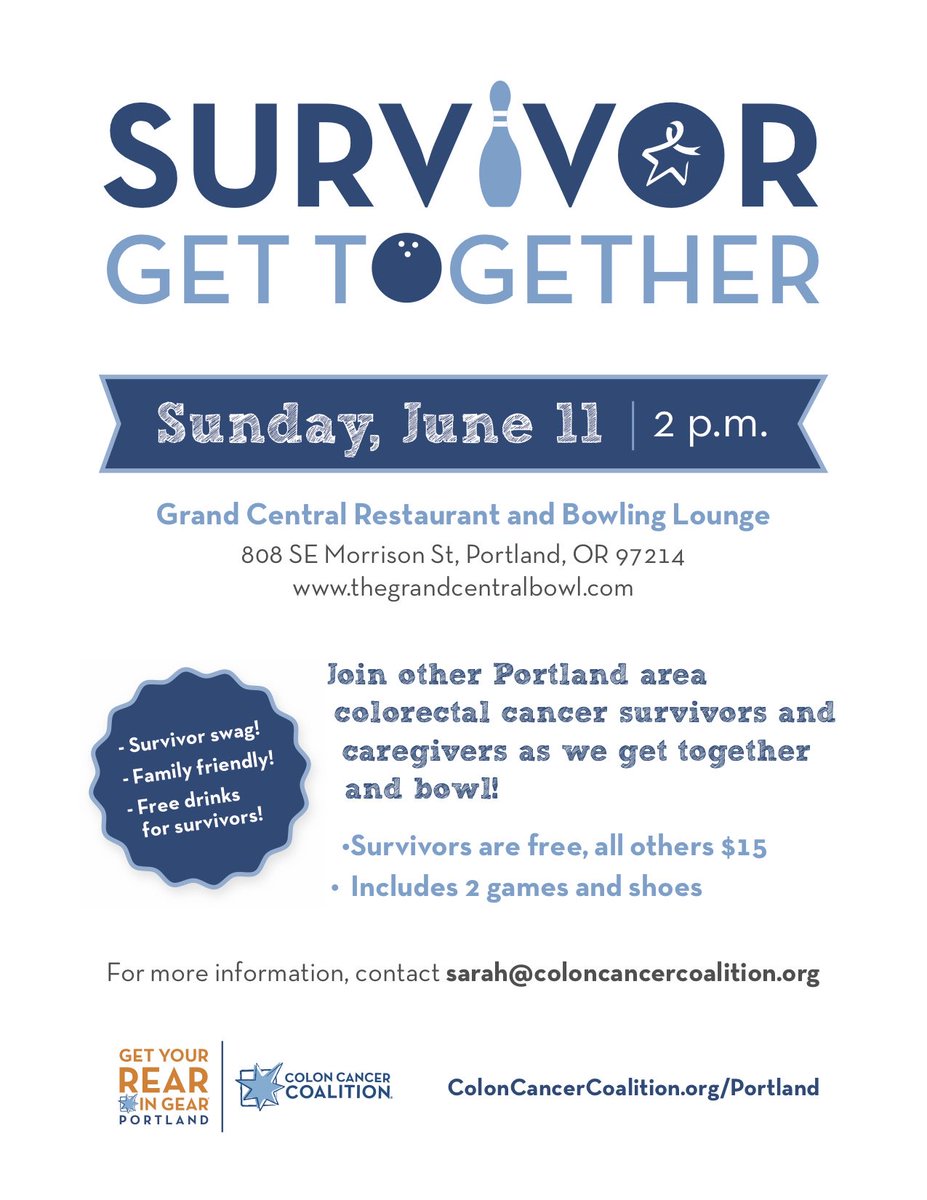 ColonCancerCoal's tweet photo. Our inaugural Portland Survivor Get Together is June 11. Come bowl w/ fellow CRC survivors/caregivers! #portland https://t.co/lziz61NYw9 https://t.co/L0Br6jyWlY