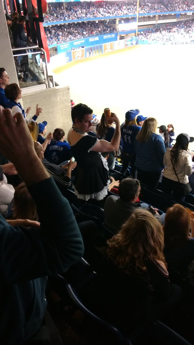 HardofHearing's tweet photo. Gotta love bachelor's party! At the @BlueJays game and this guy who's getting married soon is wearing a French Maid outfit! Section 244 https://t.co/F9ZeD97MXD