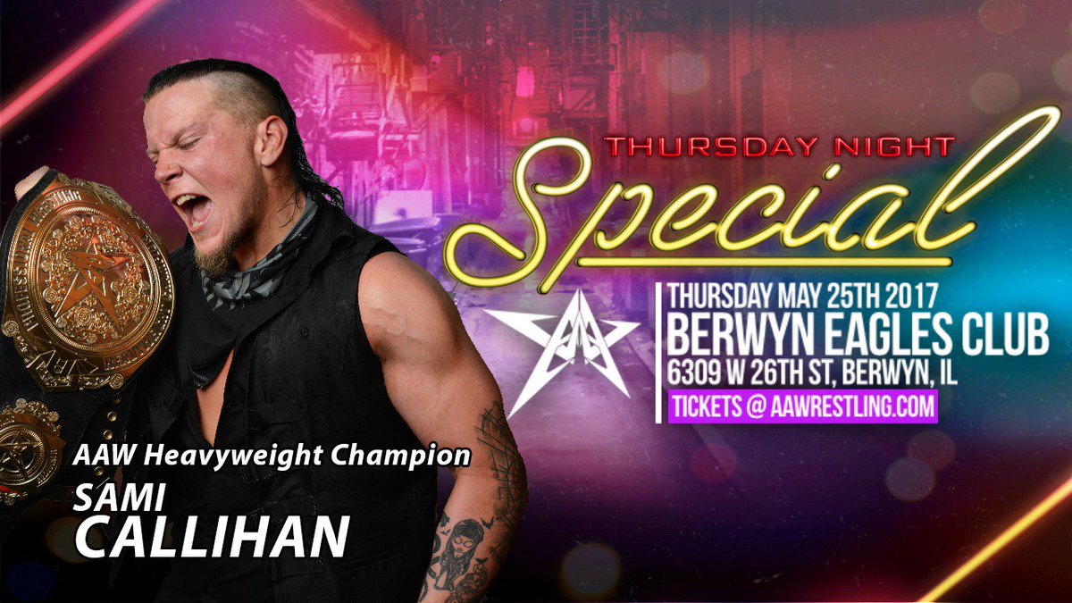 AAWPro's tweet photo. Don't miss Thursday Night Special on 5/25 with @TheSamiCallihan @TLee910 @Laredo_Kid
Tickets at https://t.co/4OhdNIp91n https://t.co/4uJJS40qiN