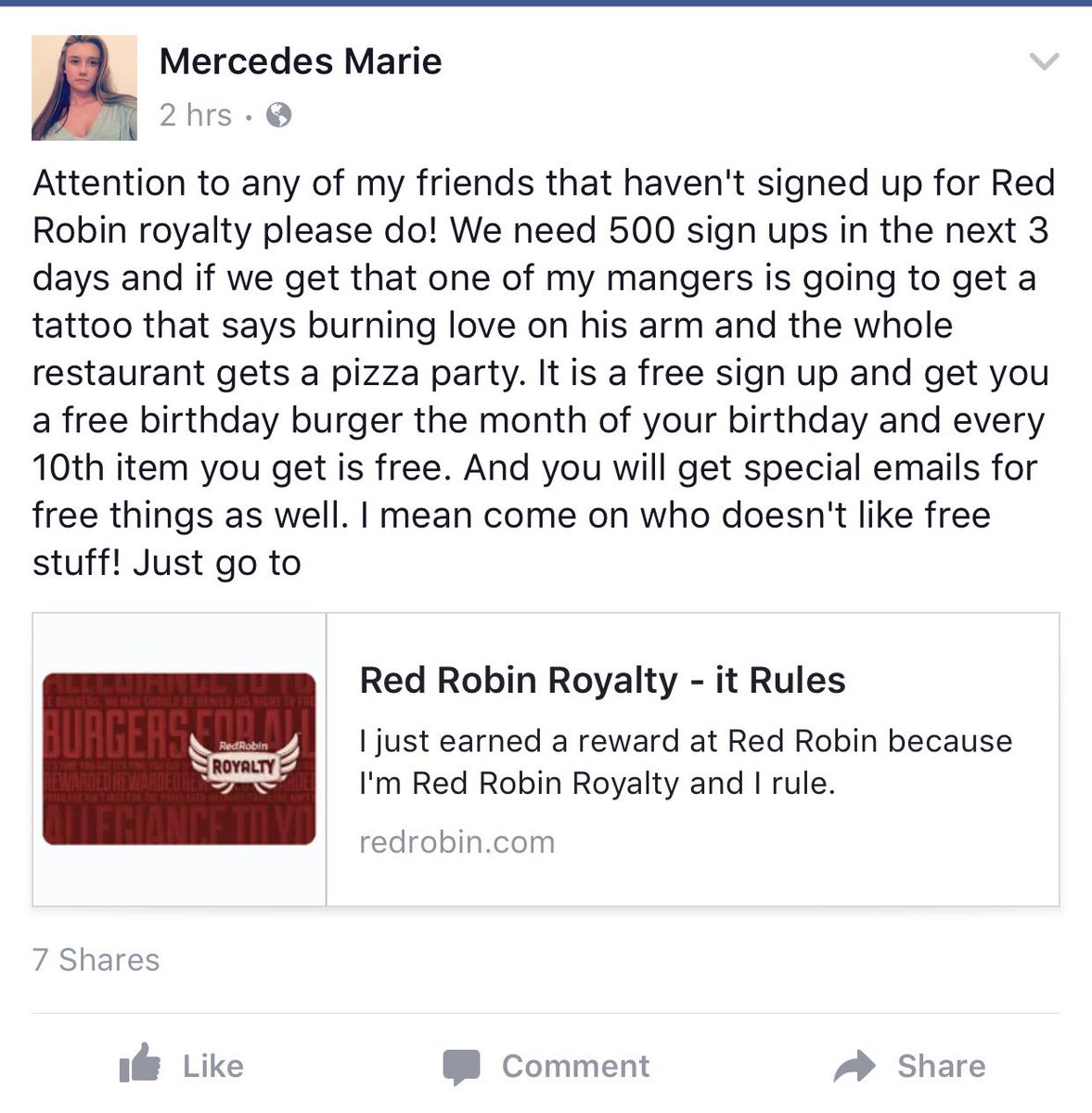 MercedesSeeber's tweet photo. Please help me out and sign up for the Red Robin royalty program. #freestuffisgoodstuff https://t.co/dEQCQ2eWsv