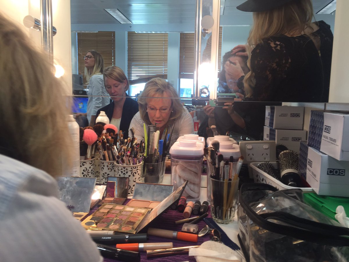 annabelcrabb's tweet image. After the strobe cream misadventure, @leighsales and I have left makeup to the professionals @Chat10Looks3