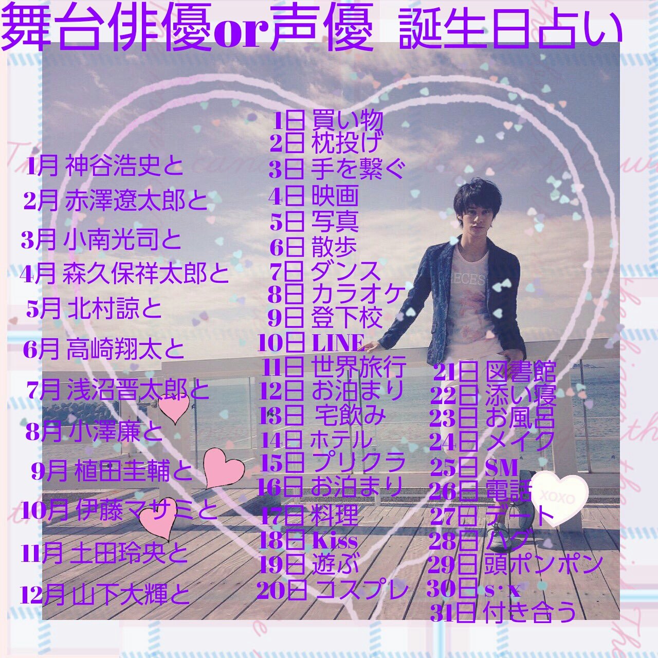 舞台俳優love 暇つぶしに良かったらどうぞ 舞台俳優or声優誕生日占いです 皆様はどれになりましたか ちなみに私は 高崎翔太さんとs X でした W T Co Acoy8rlgxr Twitter