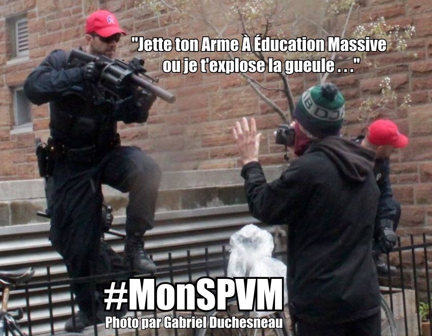 <a href="/SPVM/">Police Montréal</a> Pour #sécurité de tous &amp; éviter les #memes, S.V.P ne pas pointer des fusils Arwen sans raison dans les zones touchées par les #manifencours.