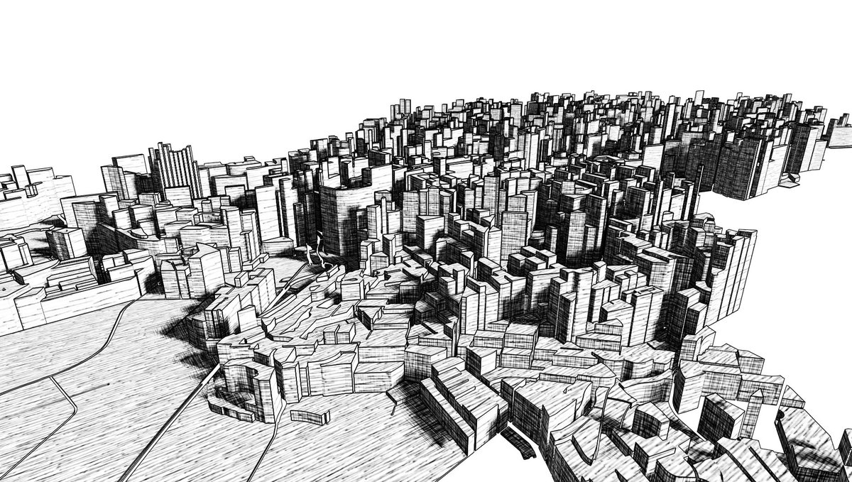 pissang1's tweet image. Try to render buildings in cross hatching style. Shader is ported from clicktorelease.com/code/cross-hat… by @thespite 😀 #webgl #dataviz #echarts