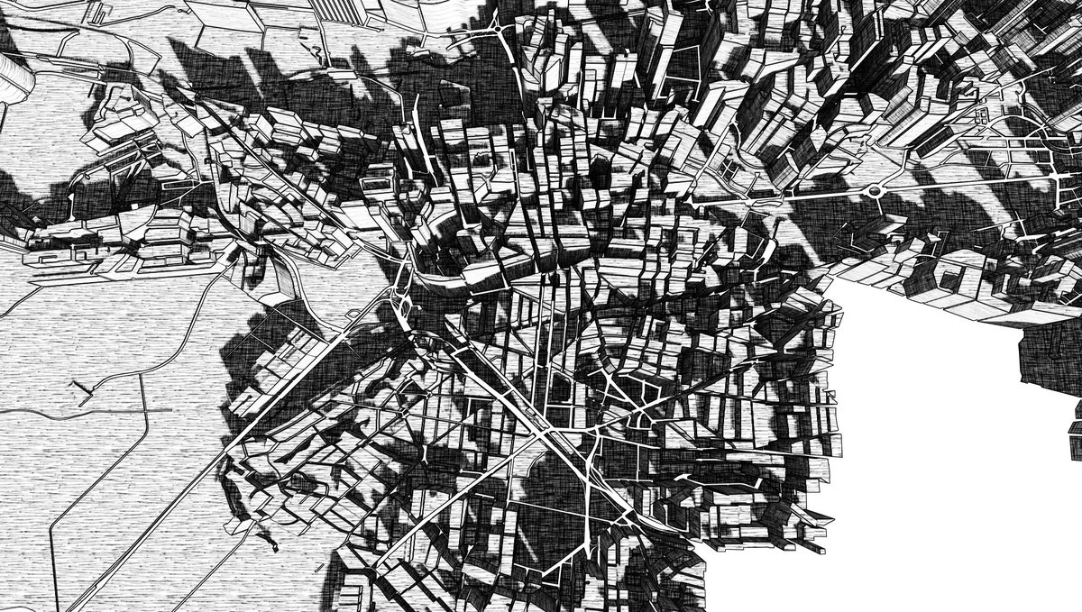 pissang1's tweet image. Try to render buildings in cross hatching style. Shader is ported from clicktorelease.com/code/cross-hat… by @thespite 😀 #webgl #dataviz #echarts
