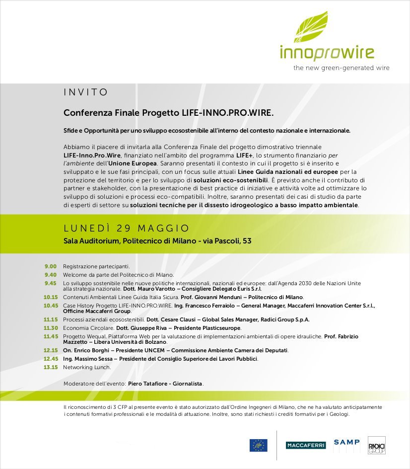 EurisCommunity's tweet photo. #SaveTheDate: 29 Maggio @polimi conferenza finale progetto #LIFE #InnoProWire. https://t.co/g6K2oVuGhR https://t.co/U9Jcvifaj3
