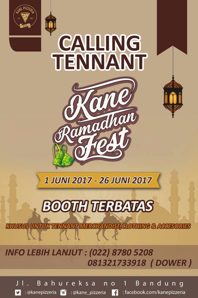 booth terbatas !
Info lebih lanjut
Dower : 081321733918
Kane Pizzeria
Jl.Bahureksa No.1 Bandung