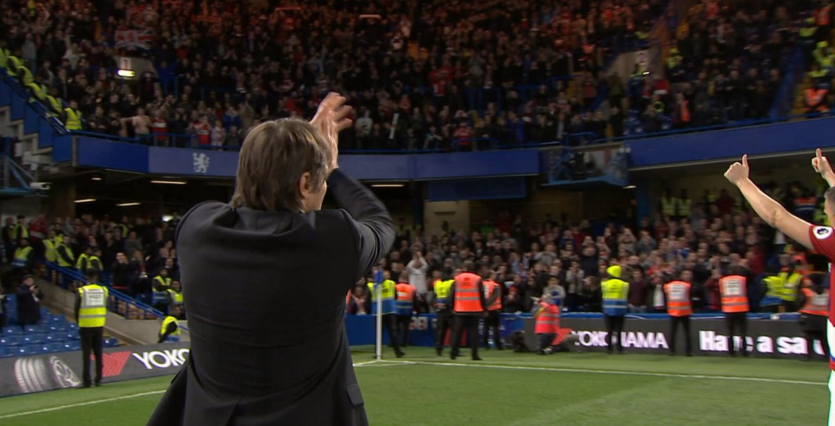 SkySportsPL's tweet photo. Winning with class: Antonio Conte goes to clap Middlesbrough fans after relegation. See here: https://t.co/BZV9PEknvC https://t.co/D4cCEiPEsm