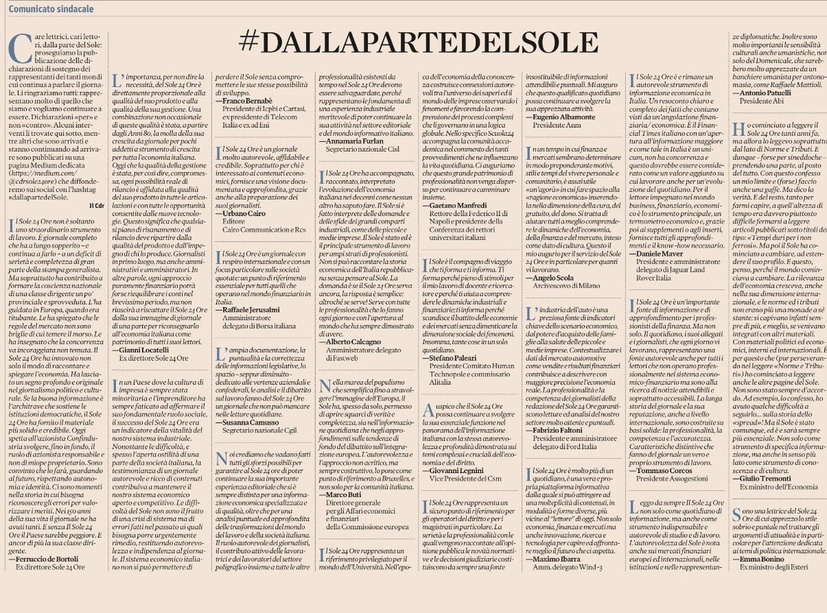 #dallapartedelSole, seconda parte. Le voci a sostegno del rilancio del Sole 24 Ore. Il comunicato di oggi ilsole24ore.com/art/notizie/20…
