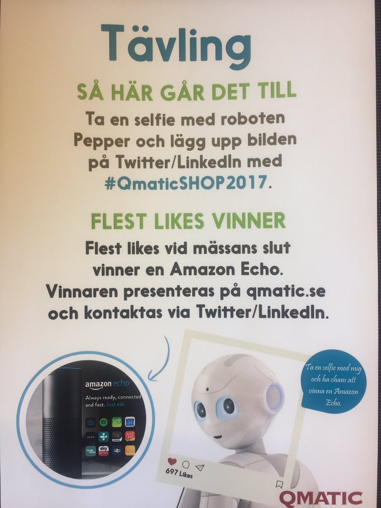 qmatic's tweet image. One day to opening of #SHOP2017 Talk to us about your customer journey, meet Pepper and join our selfie challenge!