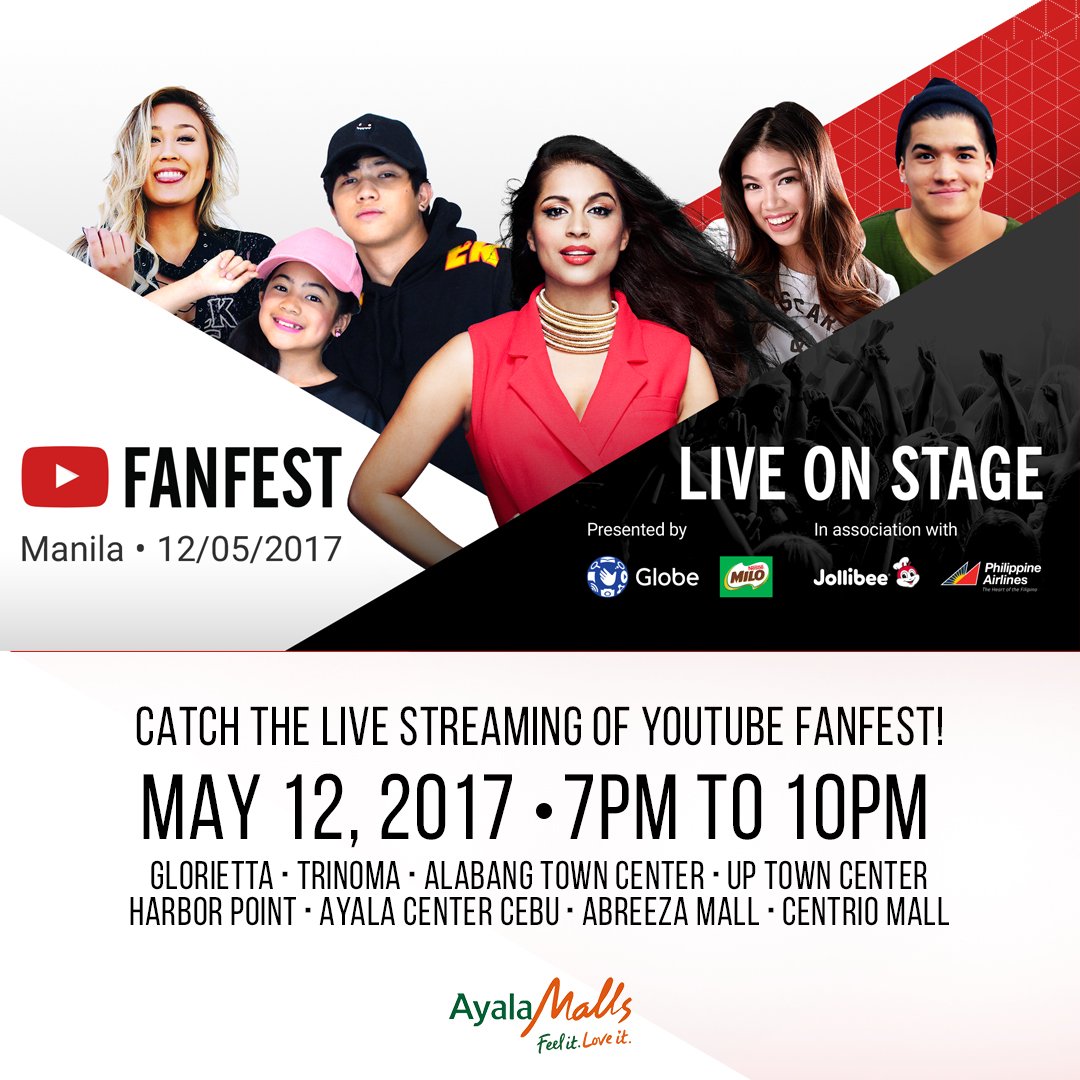 AyalaMalls's tweet photo. CATCH THE LIVE STREAMING OF YOUTUBE FANFEST!
May 12, 2017 | 7PM to 10PM
#YTFFPH #FeelitLoveit https://t.co/pOhC0qo6F4
