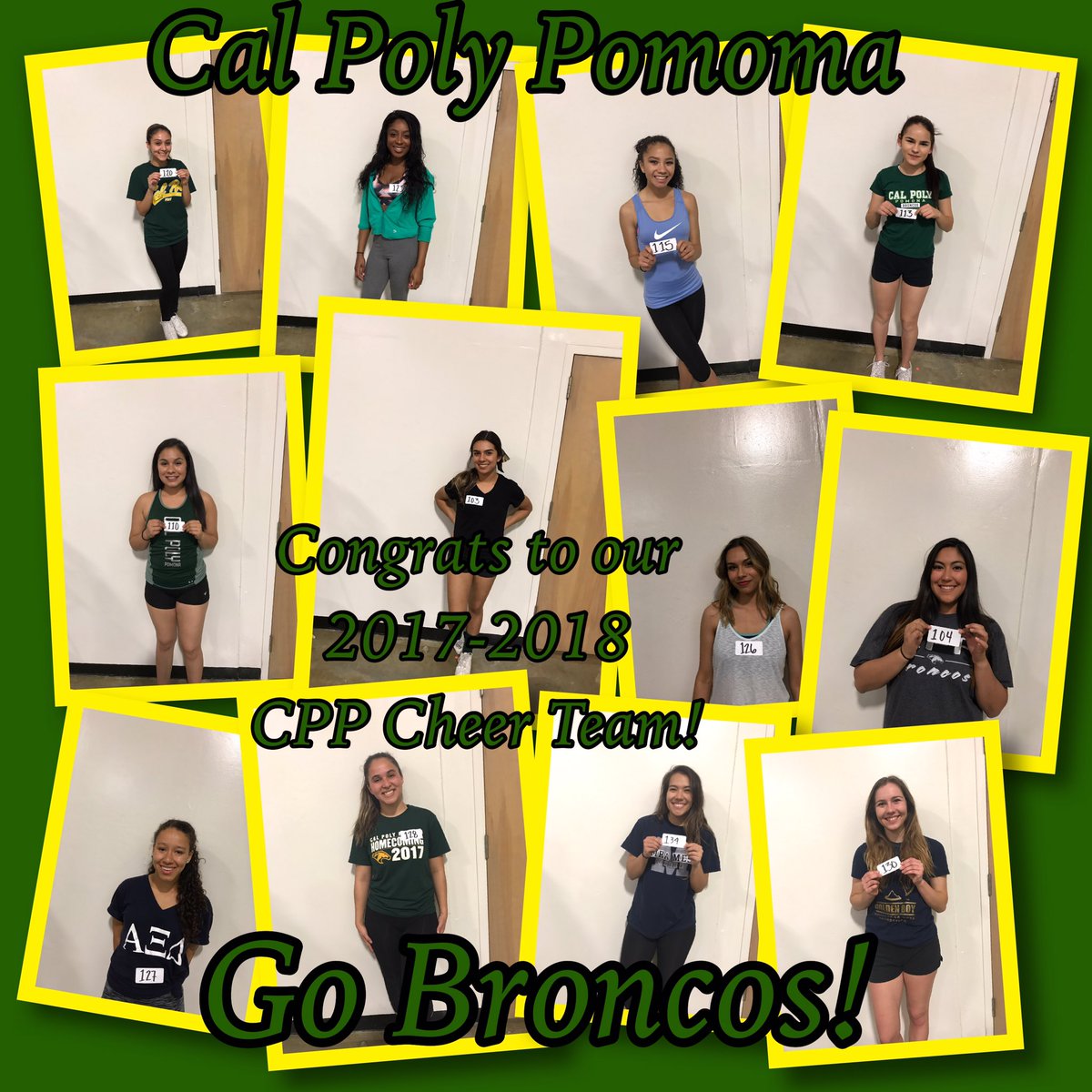 CPPcheer's tweet image. Congrats to the 2017-2018 Bronco Cheer team! 💚💛🐴 #cppcheer #gobroncos #wearecpp @cppbroncos