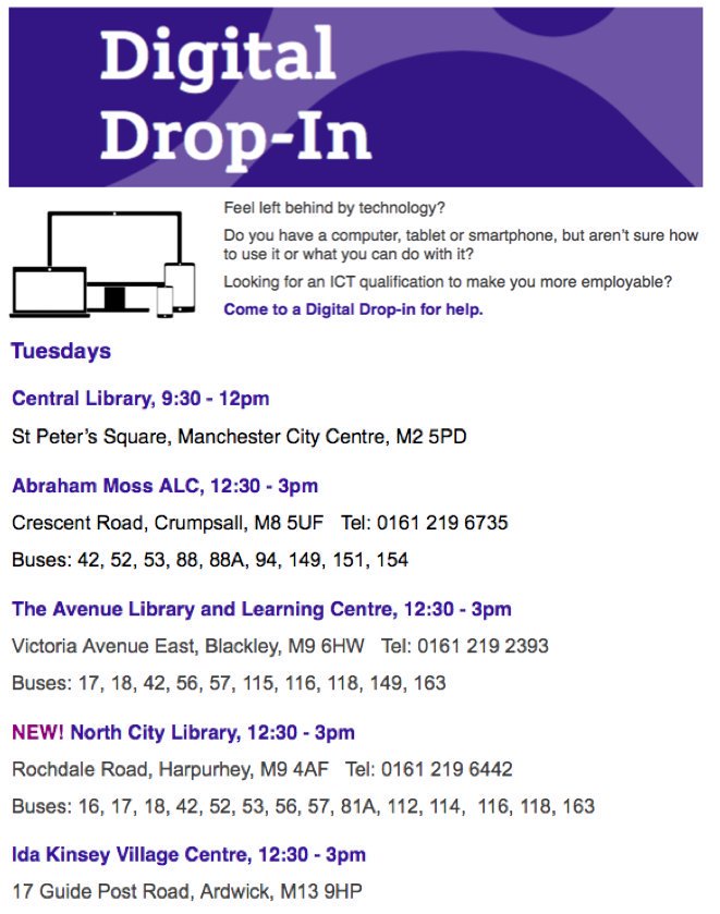 ManAdultEd's tweet photo. Need to improve your #digitalskills? #DigitalDropins every Tuesday in #Crumpsall, #Blackley, #Harpurhey, #Ardwick & #city https://t.co/00eXNAyg9S