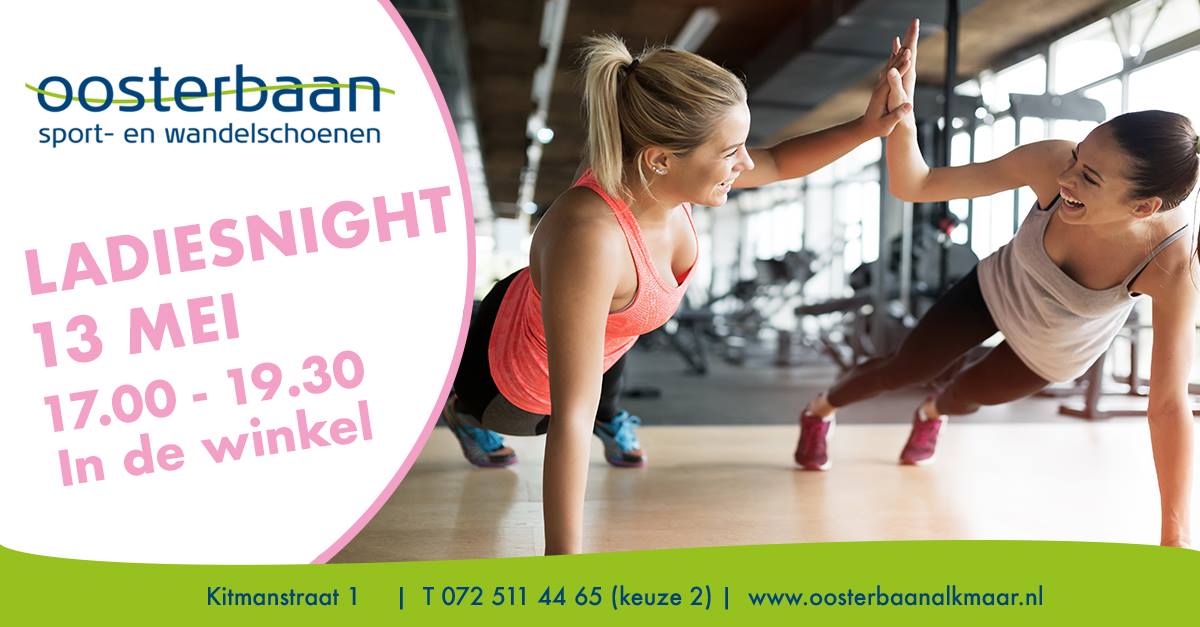 A.s. zaterdag 13 mei: Ladies night bij onze sponsor <a href="/Oosterbaan072/">Oosterbaan Alkmaar</a> van 17.00- 19.30 uur!
Met veel aanbiedingen zoals hardloopkleding.