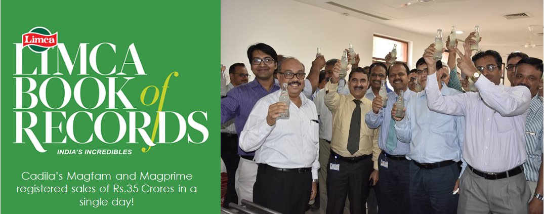 Cadila_Pharma's tweet photo. Cadila in Limca Book of Records for registering sales of Rs.35 Crores in a single day! #Champions #RecordBreakers #Limca https://t.co/QmBFClqEJE
