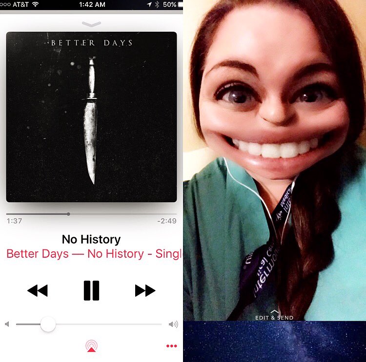 evDelacy's tweet photo. Horrible nights shifts made better by one of my favorite bands. @Better_DaysUK #nurse #snaphat https://t.co/Hra2D5xuU1