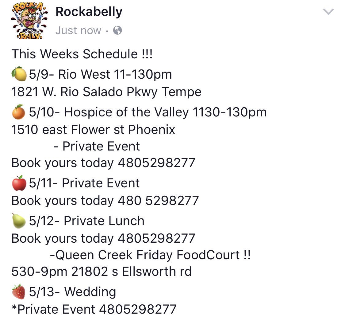 RockaBellyAZ's tweet photo. This Weeks Schedule !!!! https://t.co/EKEnJvdOf3