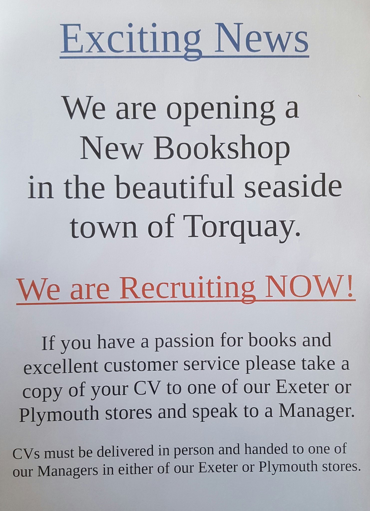 Waterstones Exeter on Twitter "***New Jobs claxon*** Come work for