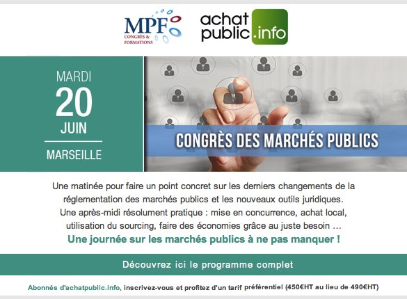 achatpublicinfo's tweet photo. 📅 #Agenda : Le Congrès des #MarchésPublics, le 20 juin 2017 à #Marseille... #AchatPublic #CommandePublique https://t.co/xUCzDsyIXf https://t.co/syhmgknFn9