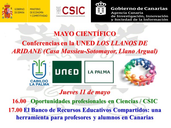 Conferencias Csic MAYO CIENTÍFICO  jueves 11 de mayo 16:00 horas. Salidas profesionales estudios de grado y presentación Banco de Recursos