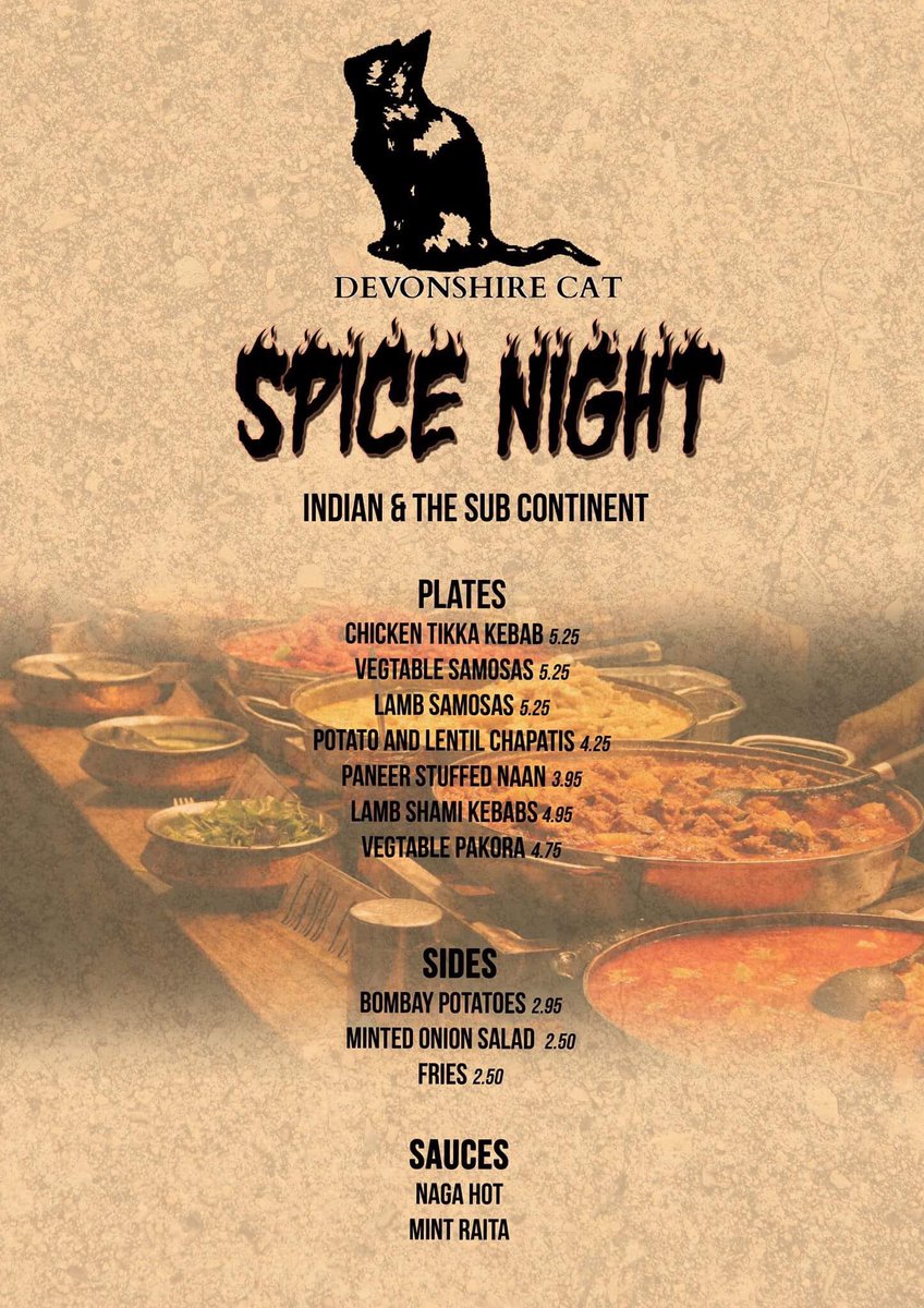 devonshirecat's tweet photo. Here's our menu for tonight's Spice Night which kicks off from 5pm #sheffieldissuper #spicenight #indianfood #devonshirecat https://t.co/zGrv1E4DSN