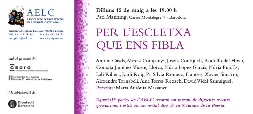 Actes a la #setmanapoesia17 <a href="/nuria_freixa/">NúriaFreixaDomènech</a> <a href="/casaelizalde/">La Casa Elizalde</a> <a href="/LaPoeteca/">La Poeteca</a> <a href="/la_createca/">Els de la Createca 🎗</a> <a href="/mireia_calafell/">Mireia Calafell</a> <a href="/eduardcarmona/">eduardcarmona🎗️</a> <a href="/PauGener/">Pau Gener Galin</a> <a href="/EscriptorsAELC/">AELC</a>