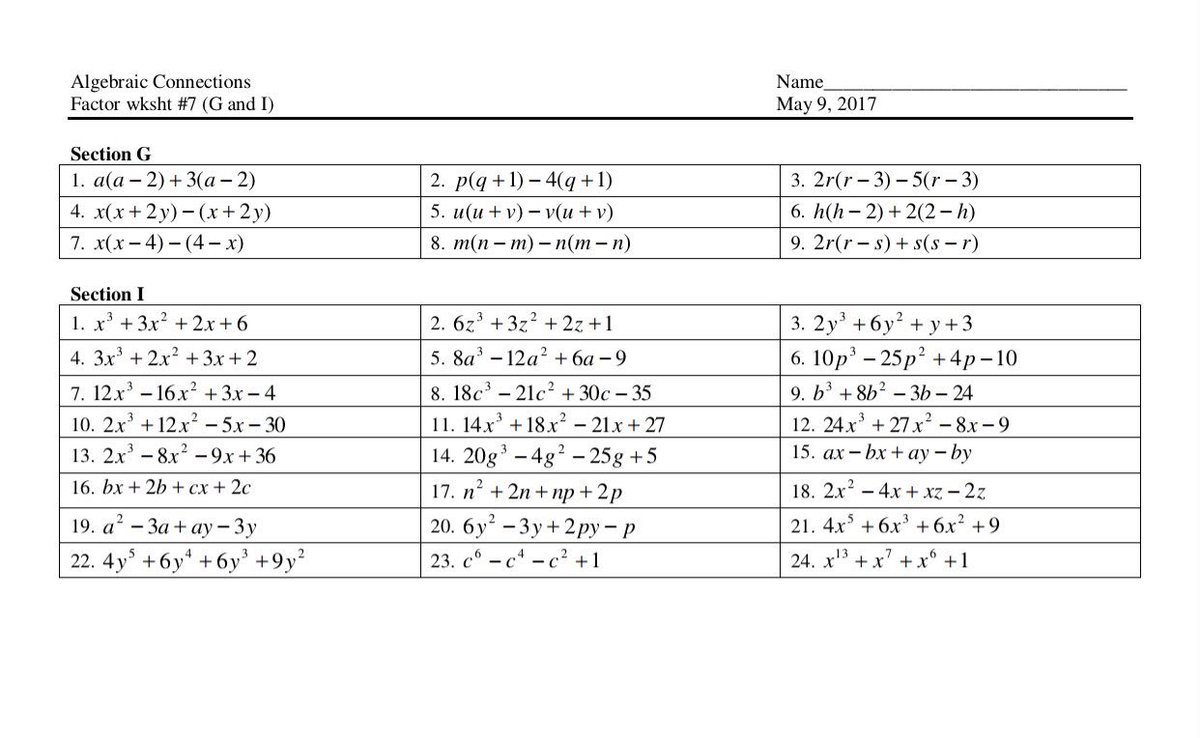 Coach Gaydosh Tuesday 9 May Factor Wksht 7 G And I Test Friday Factoring