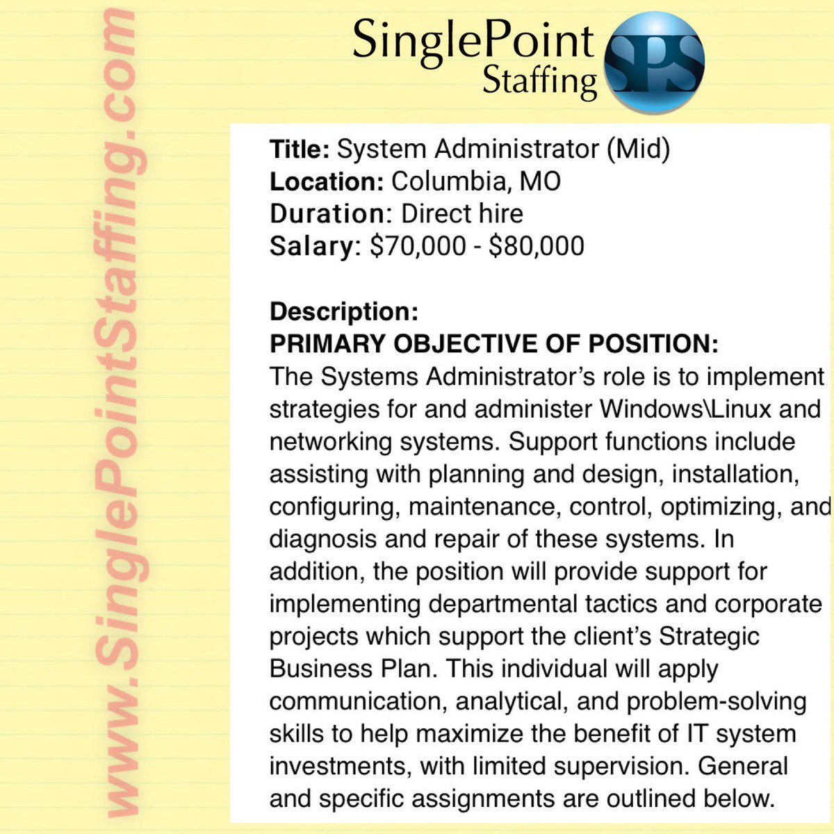 TheSinglePoint's tweet photo. System Admin #job: #VMware, #DNS, #DFS, #EXSI, #Windows, #Linux & #SharePoint experience required. See full ad/apply https://t.co/s6UcKw5KIu https://t.co/BhKGMGKTq3