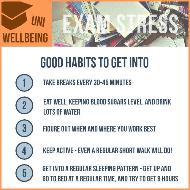 FalmerLib's tweet photo. Advice from @StudentMindsOrg on coping with exam stress. Find more at https://t.co/SlOmZtoQiU #MHAW17 #studyhappy https://t.co/JM9TlEIXCx