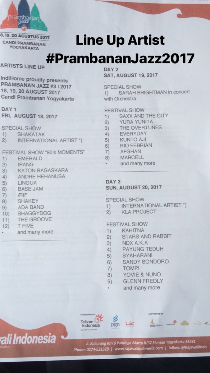 Daftar musisi yang terlibat dan jadwal tampil <a href="/PrambananJazz/">Prambanan Jazz</a> 2017. Foto dokumentasi <a href="/PrambananJazz/">Prambanan Jazz</a>.