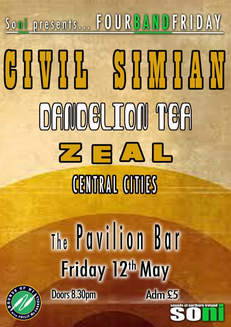 SONILive1's tweet photo. Live at @pavilionbelfast this Friday 12th May: Civil Simian / Dandelion Tea / Zeal / Central Cities! #FourBandFriday #NIMUSIC #SoniLive https://t.co/IMQRuzyKTp
