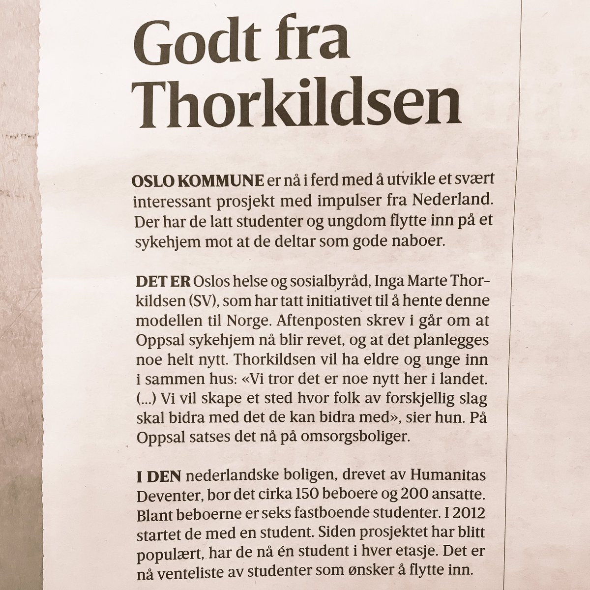 christophersen_'s tweet photo. Vårt Land skriver om @IngaMarte @SVparti sitt prosjekt med å la eldre og unge få flytte sammen i samme bygg. Ja til mangfoldig naboskap! https://t.co/v7UqaathZx